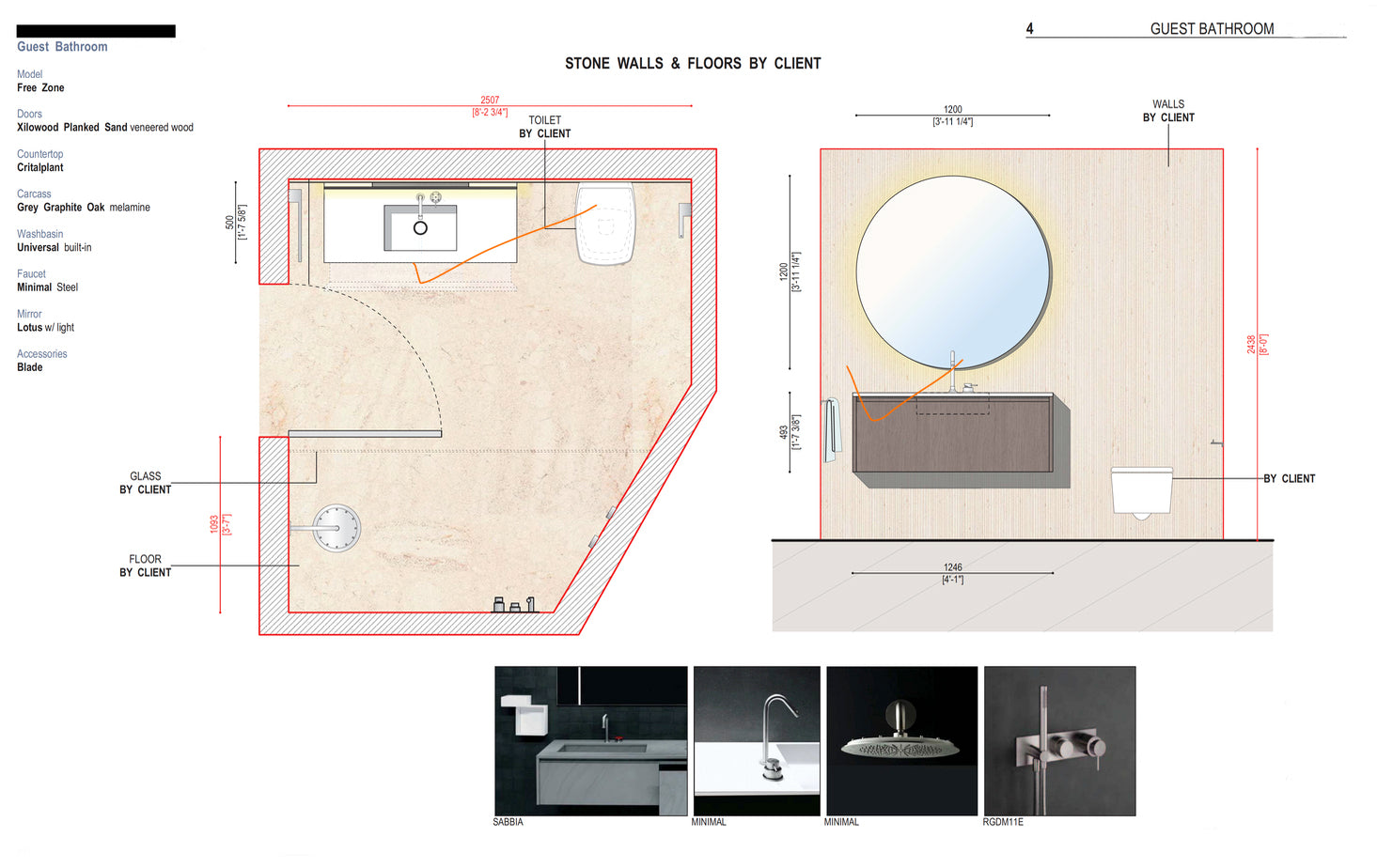 Boffi Free Zone Full Guest Bathroom with Xilowood Planked Sand Finish and Cristalplant Countertop