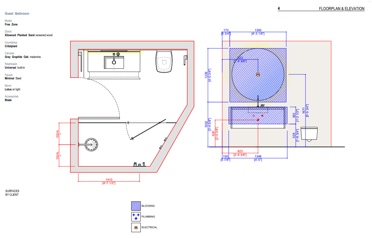 Boffi Free Zone Full Guest Bathroom with Xilowood Planked Sand Finish and Cristalplant Countertop