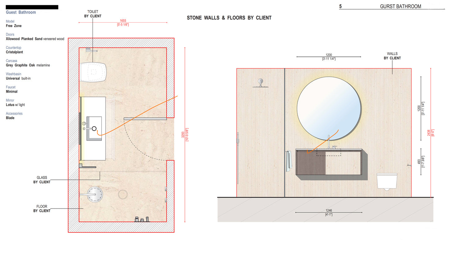 Boffi Free Zone Full Guest Bathroom with Xilowood Planked Sand Finish and Cristalplant Countertop