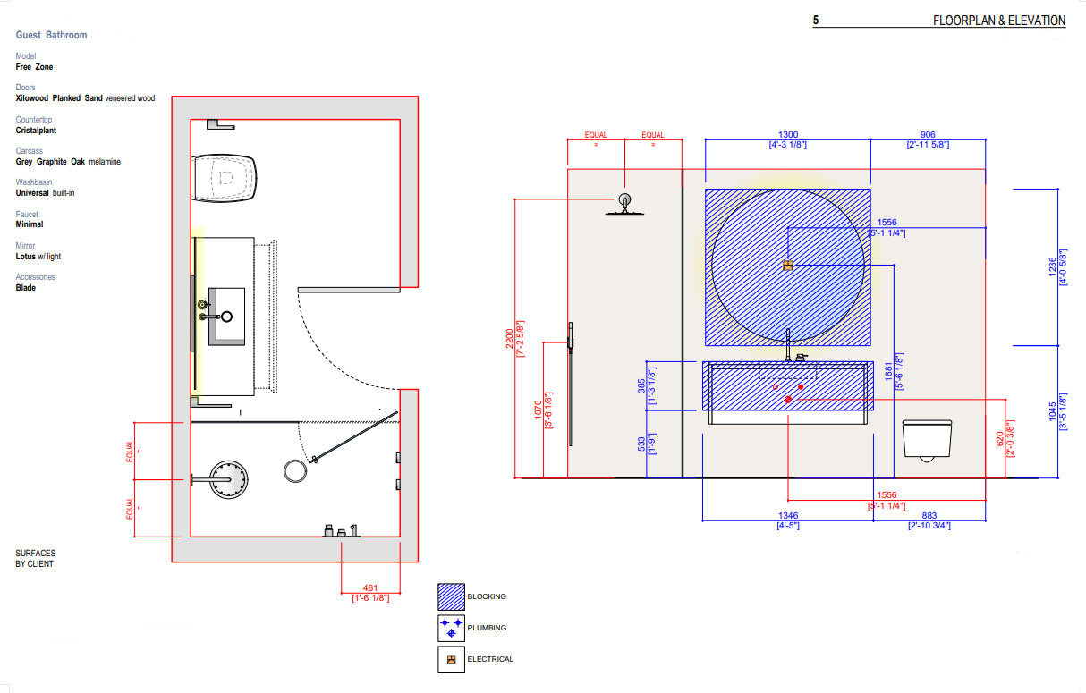 Boffi Free Zone Full Guest Bathroom with Xilowood Planked Sand Finish and Cristalplant Countertop