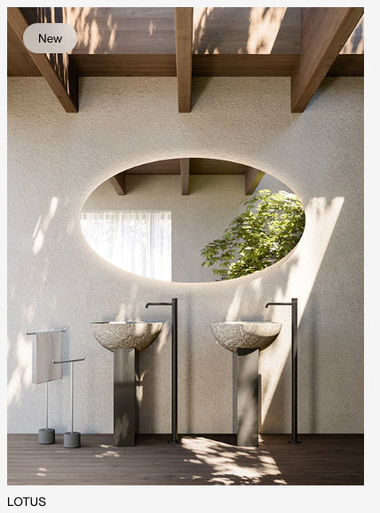 Boffi Free Zone Full Guest Bathroom with Xilowood Planked Sand Finish and Cristalplant Countertop