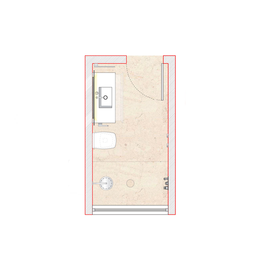 Boffi Free Zone Full Guest Bathroom with Xilowood Planked Sand Finish and Cristalplant Countertop