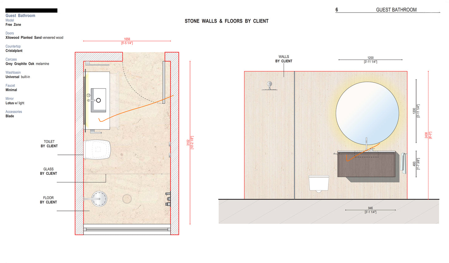 Boffi Free Zone Full Guest Bathroom with Xilowood Planked Sand Finish and Cristalplant Countertop