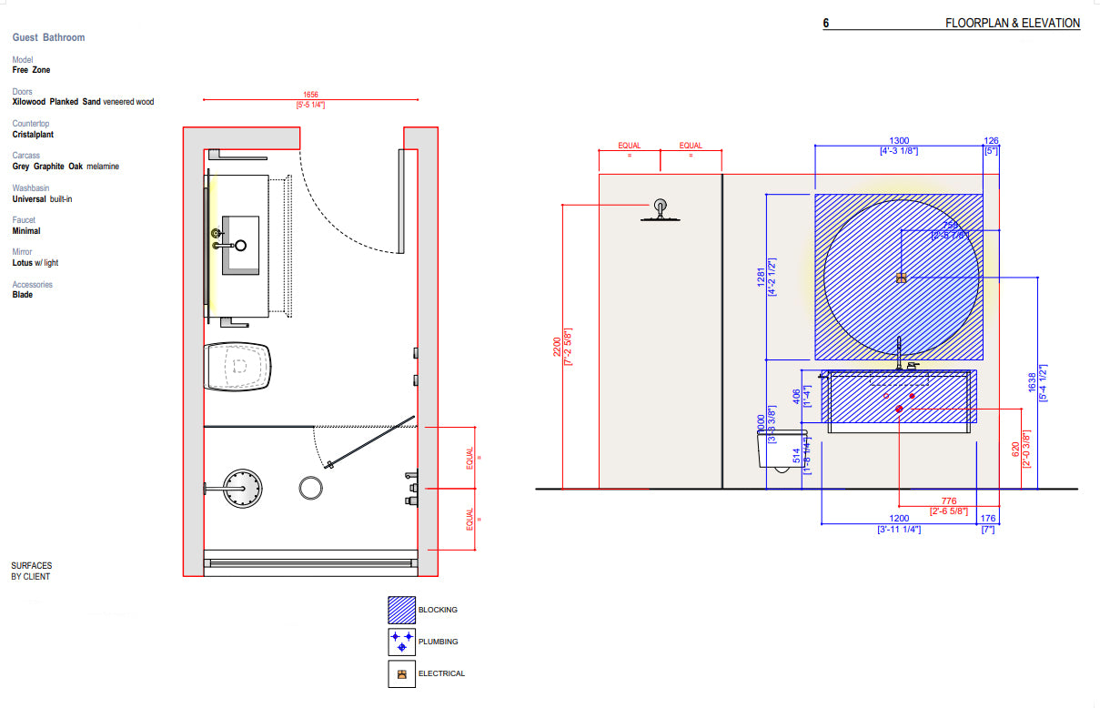 Boffi Free Zone Full Guest Bathroom with Xilowood Planked Sand Finish and Cristalplant Countertop