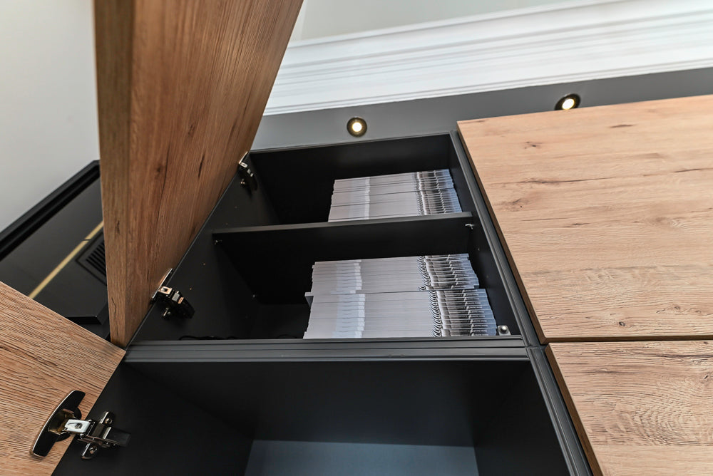 Nolte Küchen Modern Black Kitchen with Unique Accent Wall Cabinetry