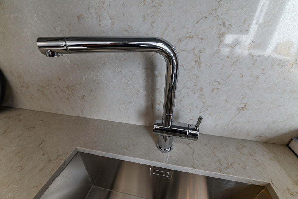 Nolte Küchen Modern White Gloss Kitchen with Quartz Countertops & Miele Appliances