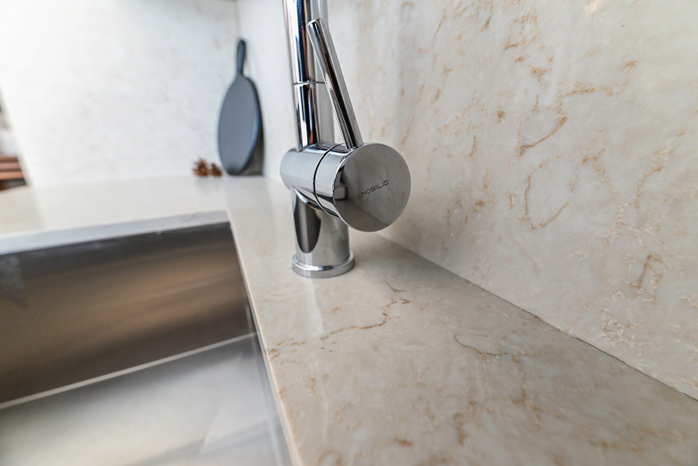 Nolte Küchen Modern White Gloss Kitchen with Quartz Countertops & Miele Appliances