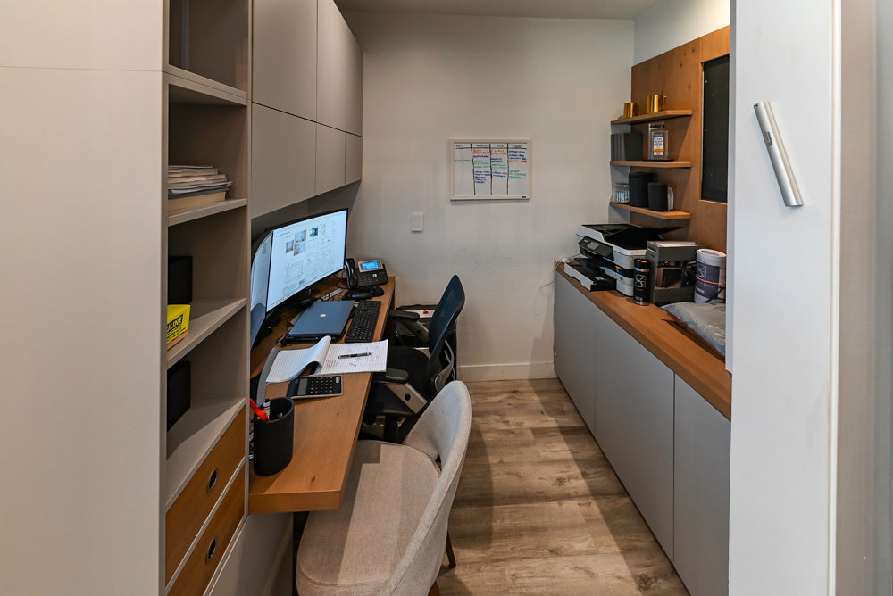 Modern Light Grey Complete Desk Area with Wood Countertops