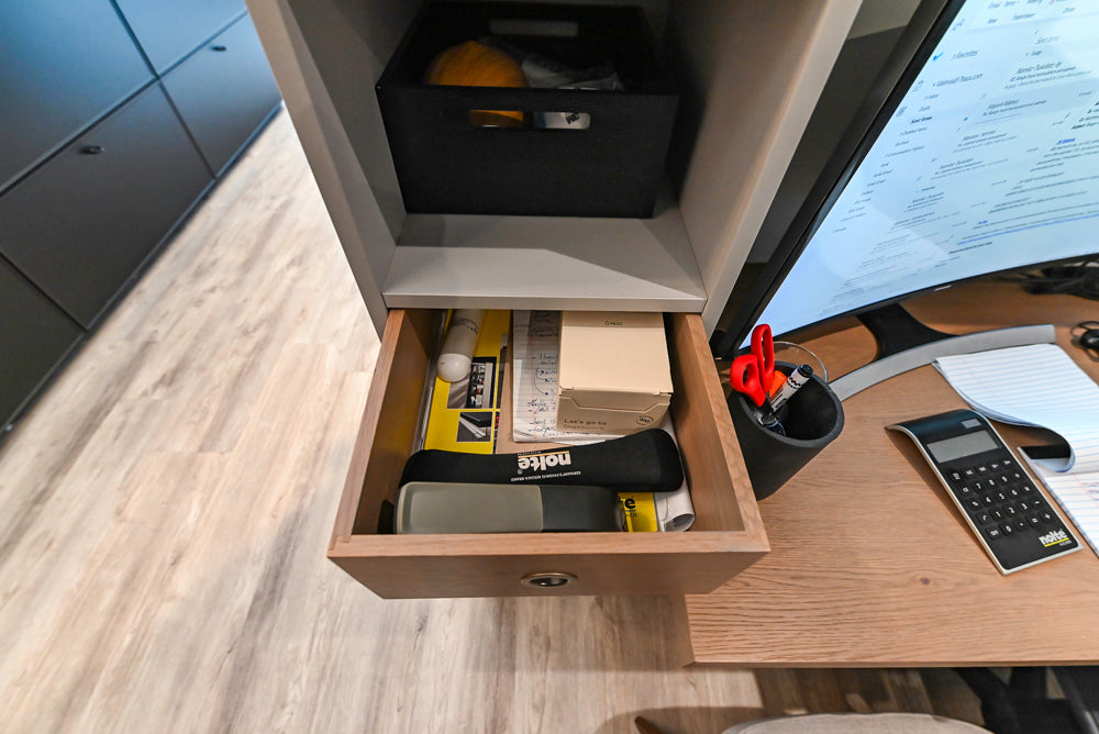 Modern Light Grey Complete Desk Area with Wood Countertops