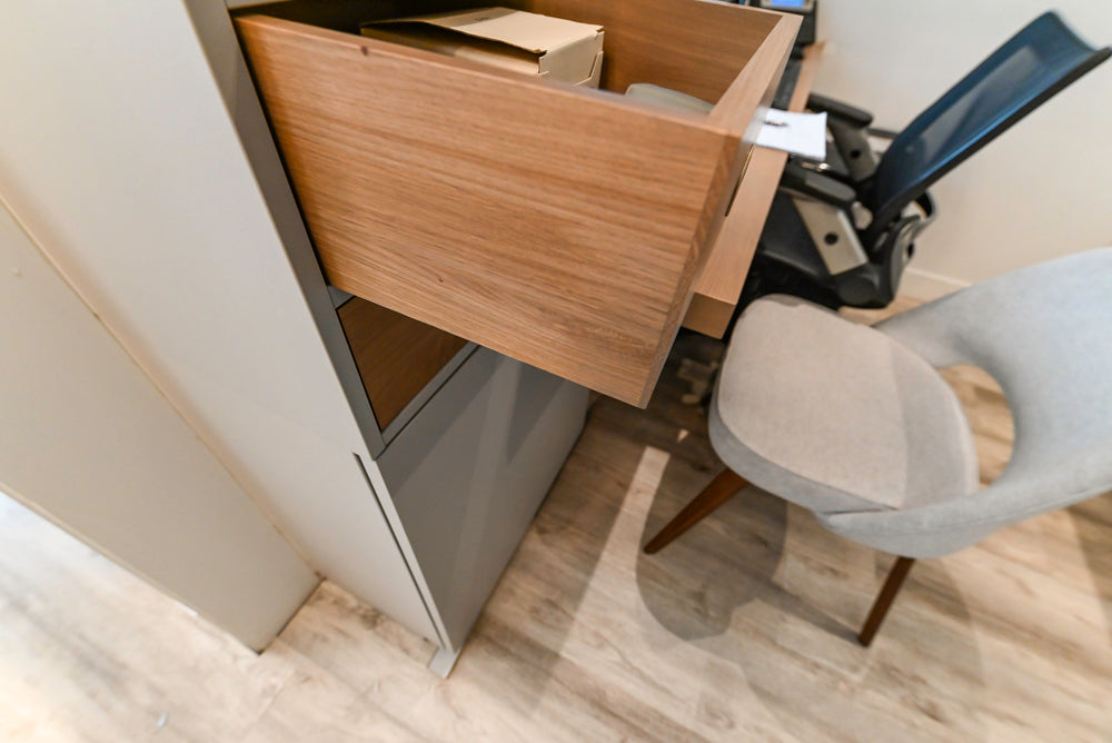 Modern Light Grey Complete Desk Area with Wood Countertops