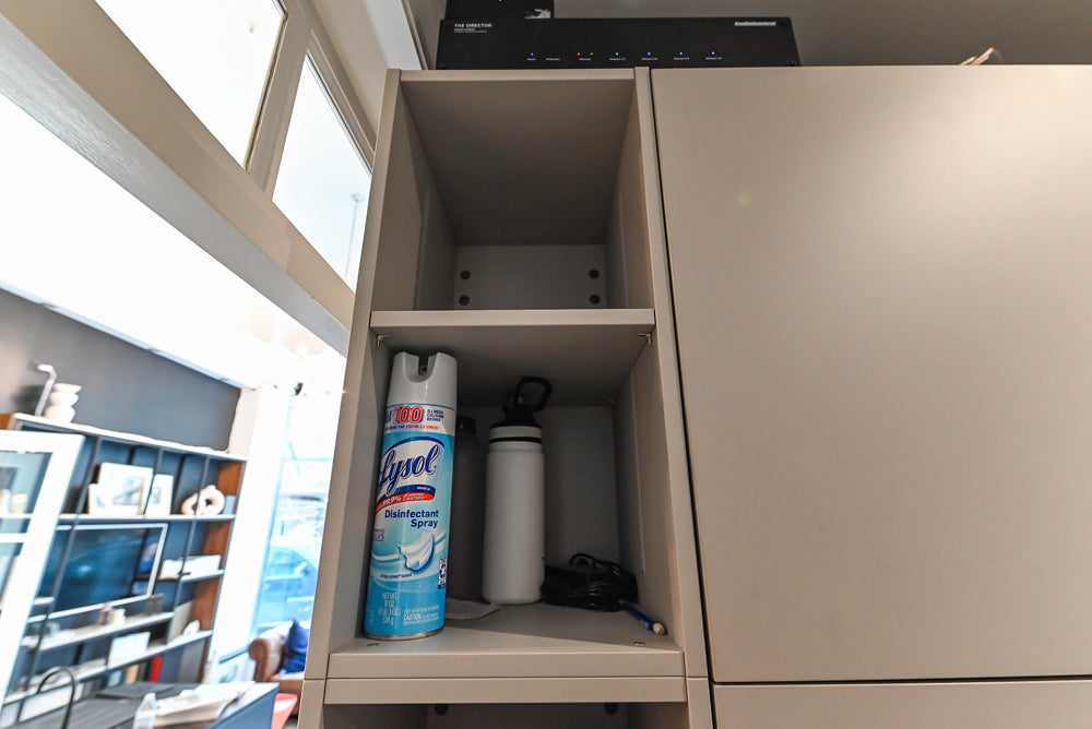 Modern Grey Toned Complete Desk Area with Wood Countertops