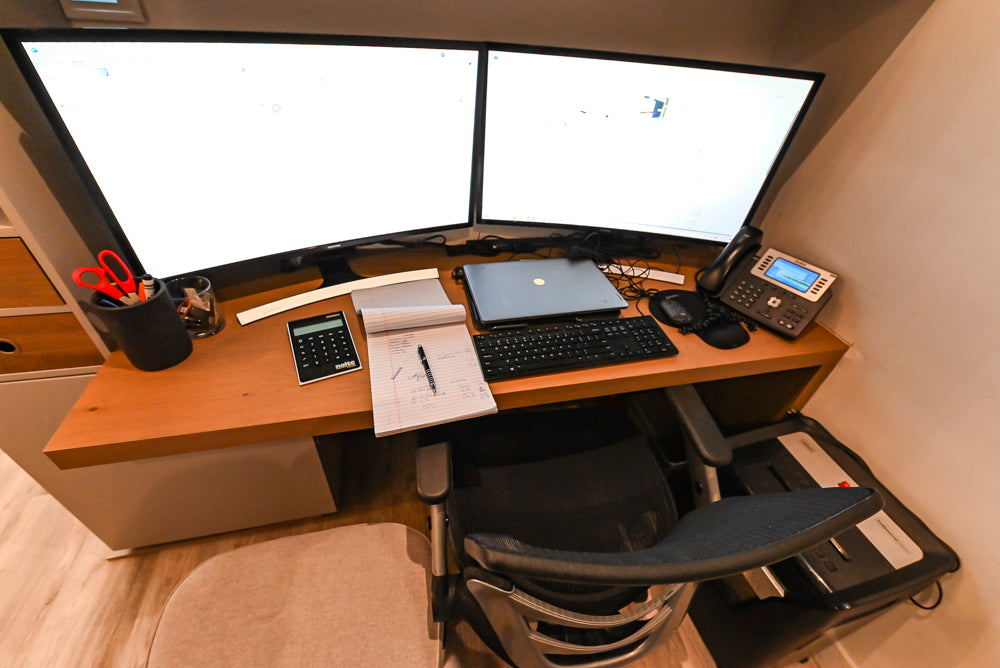 Modern Grey Toned Complete Desk Area with Wood Countertops