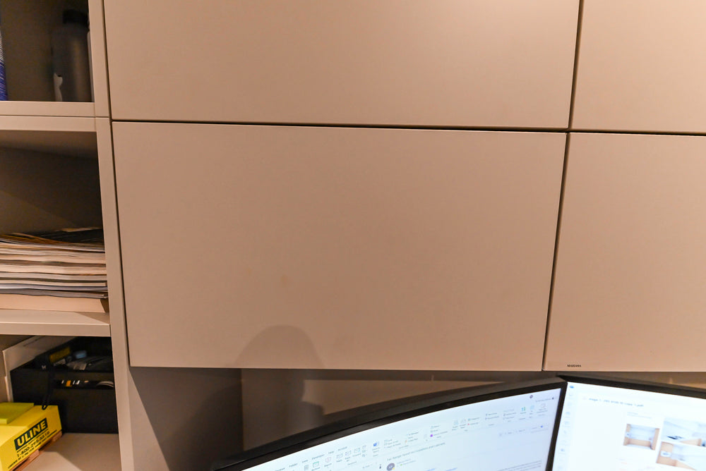 Modern Grey Toned Complete Desk Area with Wood Countertops