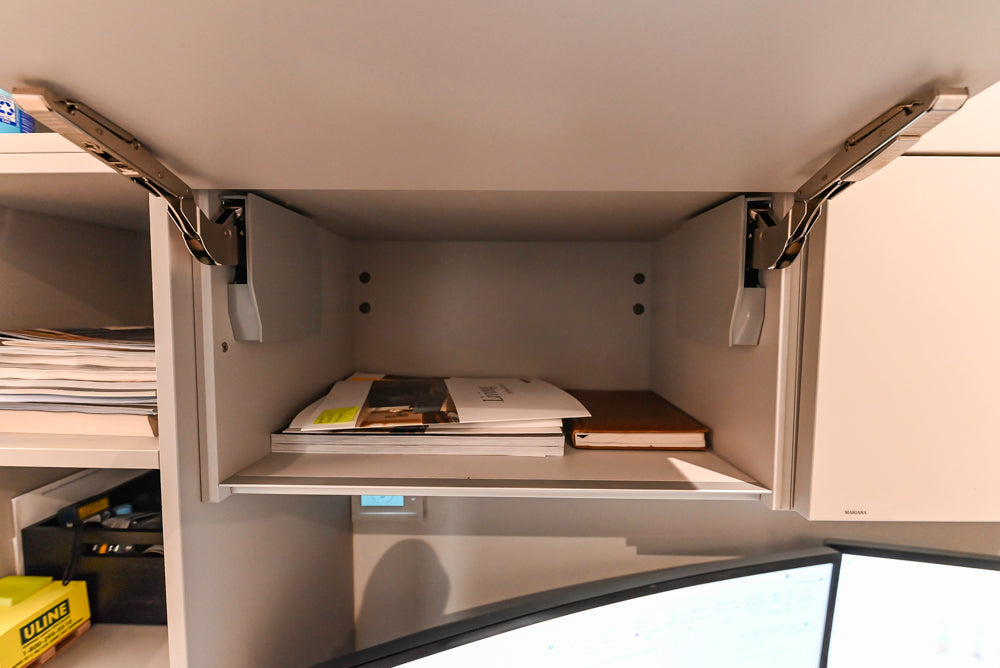 Modern Grey Toned Complete Desk Area with Wood Countertops