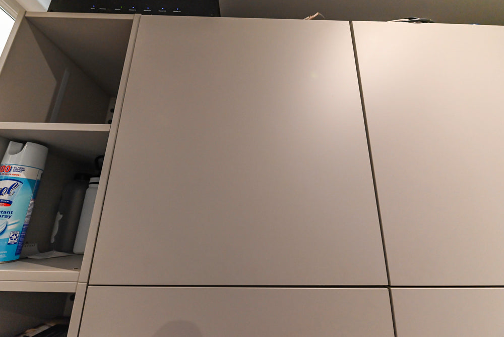 Modern Grey Toned Complete Desk Area with Wood Countertops