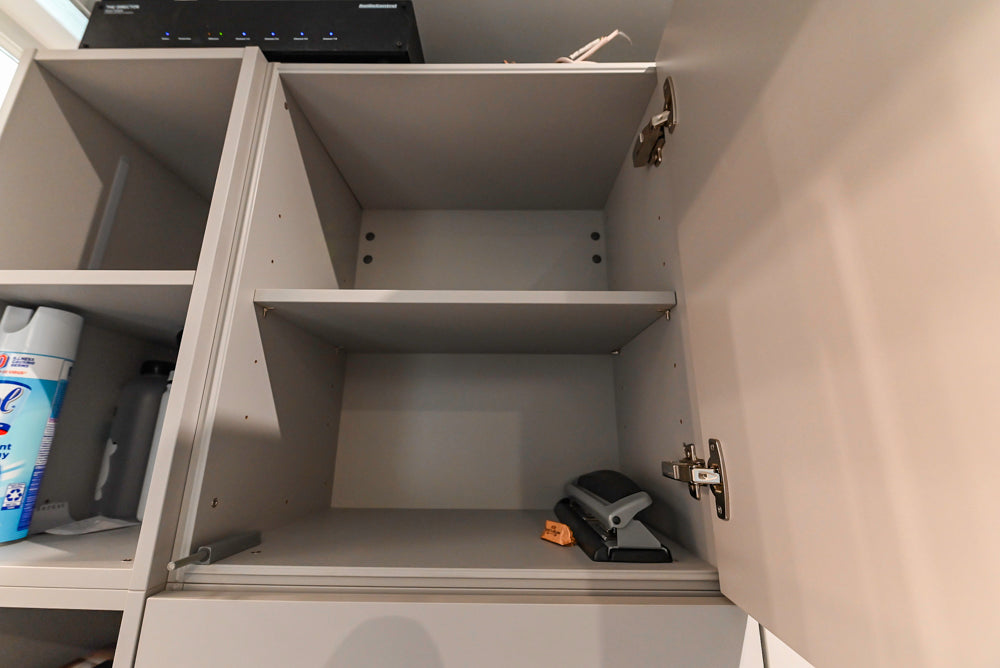 Modern Grey Toned Complete Desk Area with Wood Countertops