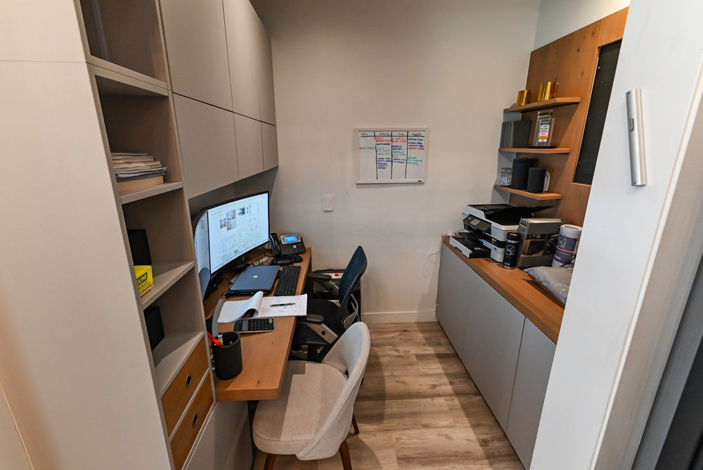 Modern Light Grey Complete Desk Area with Wood Countertops