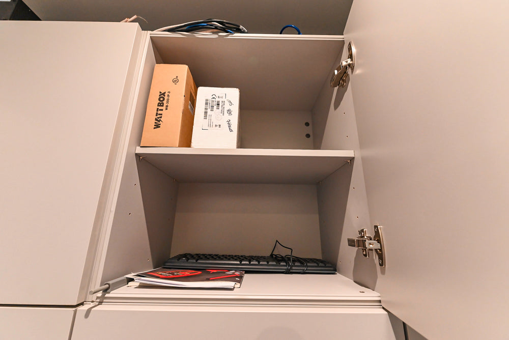Modern Grey Toned Complete Desk Area with Wood Countertops