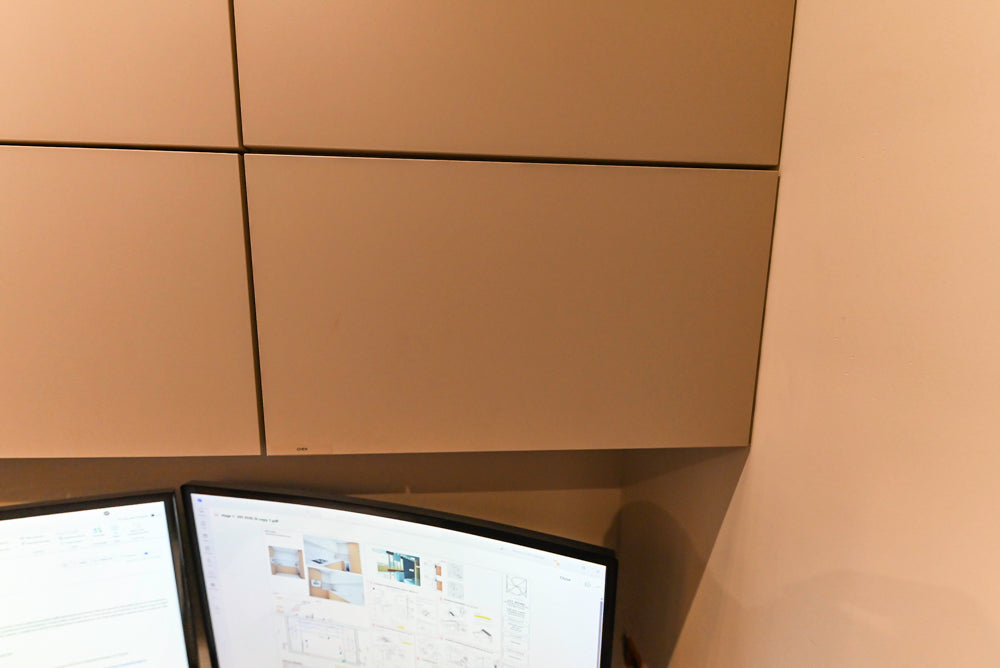 Modern Grey Toned Complete Desk Area with Wood Countertops