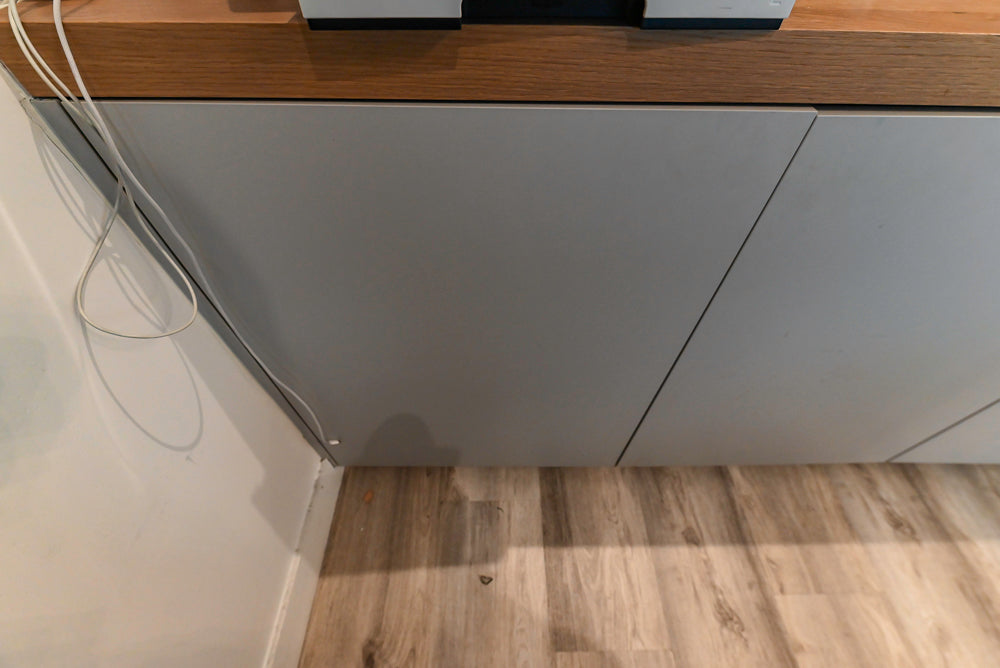 Modern Grey Toned Complete Desk Area with Wood Countertops