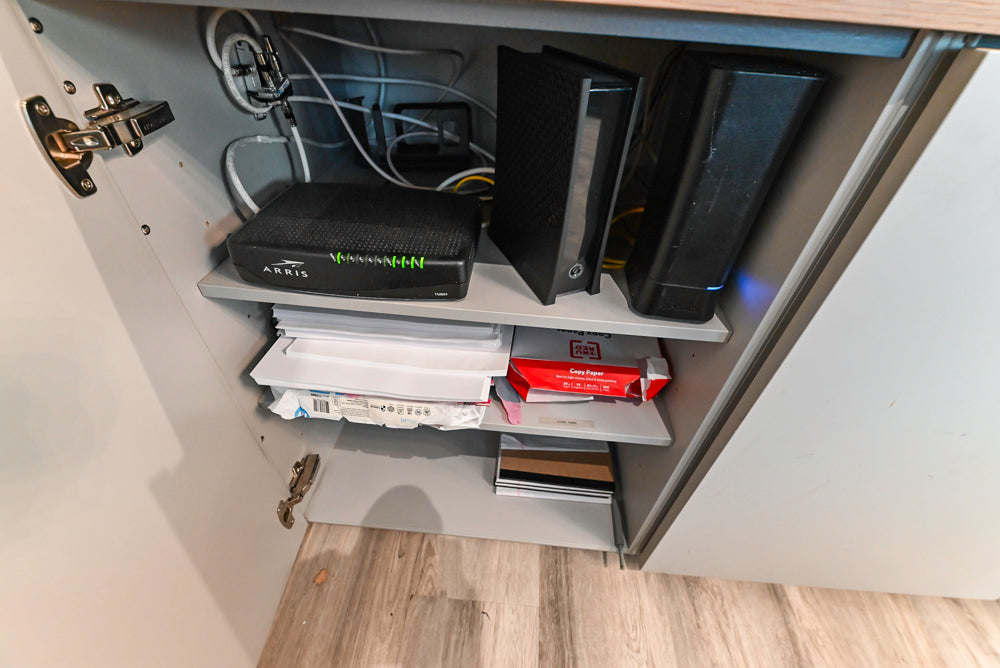 Modern Grey Toned Complete Desk Area with Wood Countertops