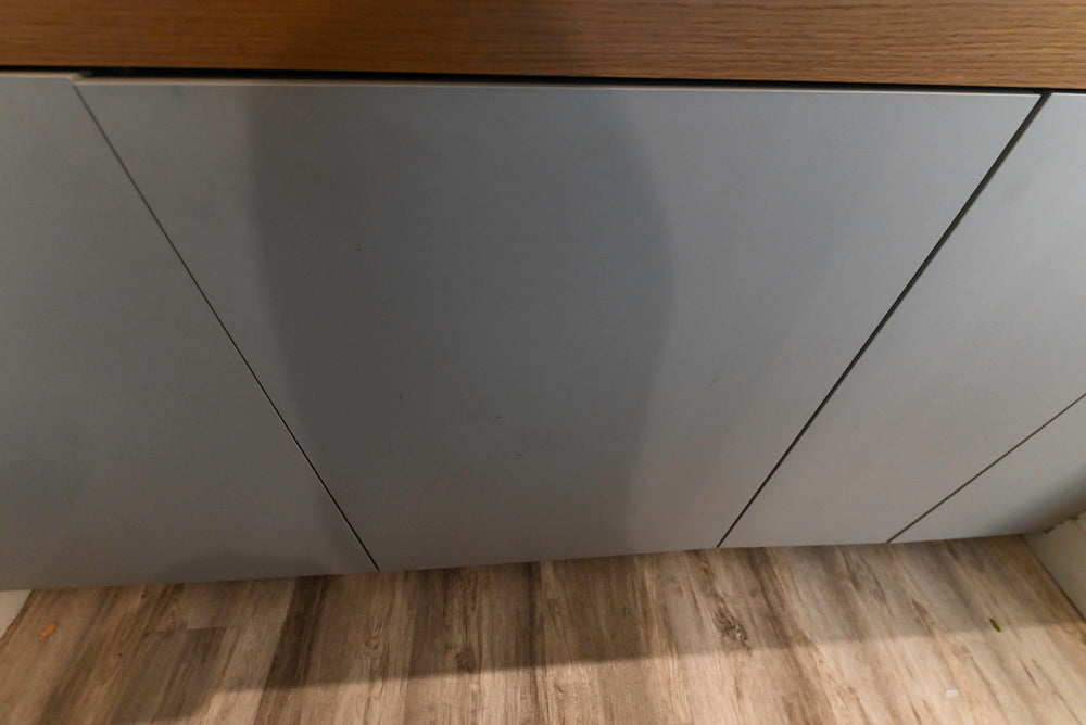 Modern Grey Toned Complete Desk Area with Wood Countertops