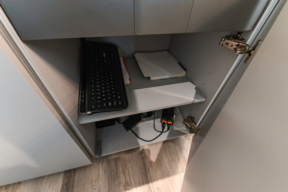 Modern Grey Toned Complete Desk Area with Wood Countertops