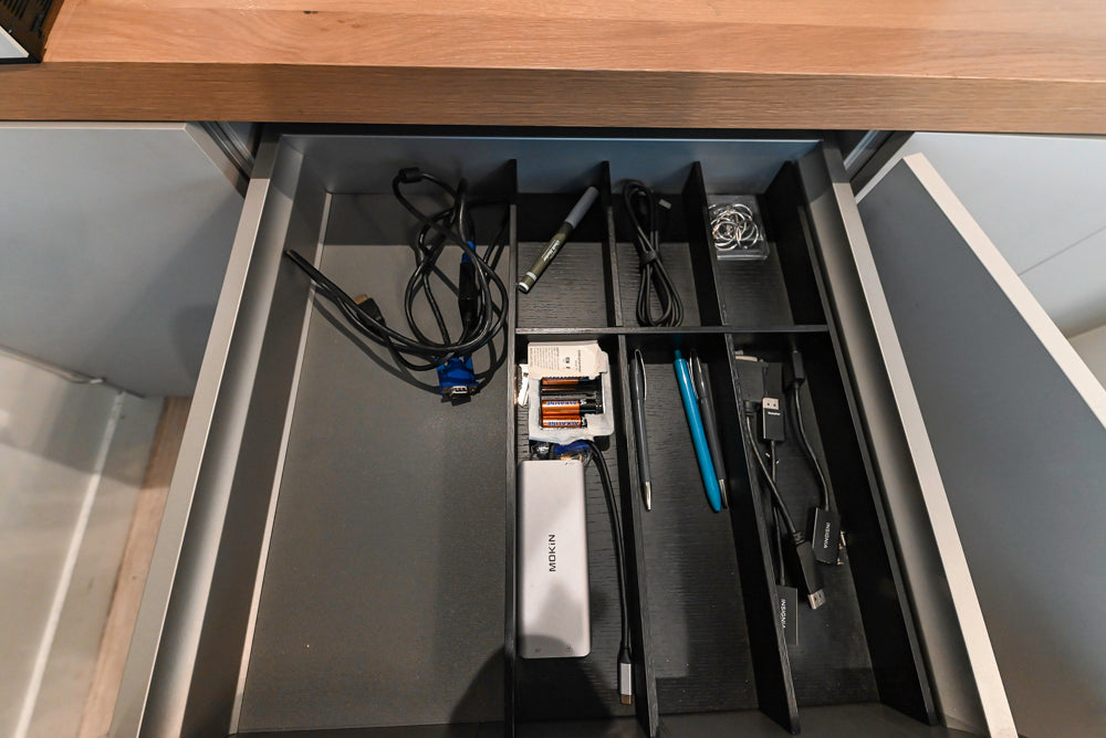 Modern Grey Toned Complete Desk Area with Wood Countertops