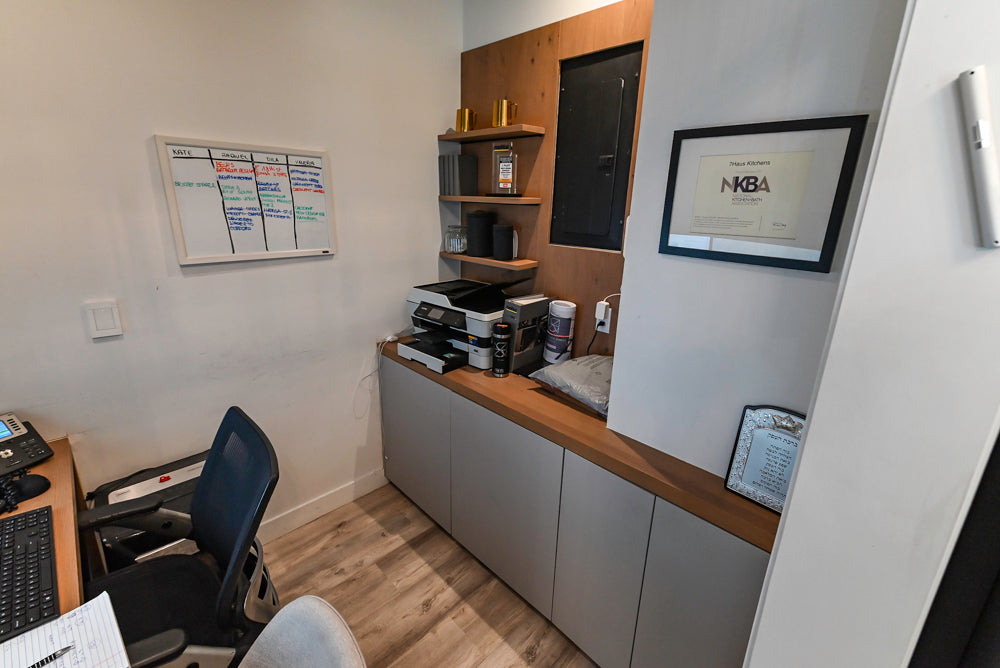 Modern Light Grey Complete Desk Area with Wood Countertops