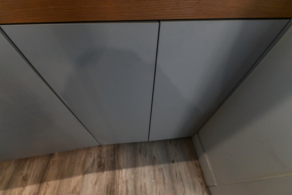 Modern Grey Toned Complete Desk Area with Wood Countertops