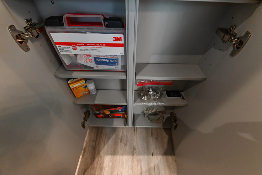 Modern Grey Toned Complete Desk Area with Wood Countertops