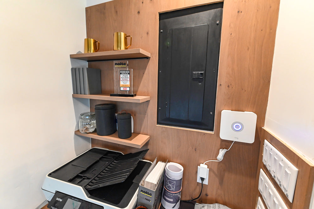 Modern Grey Toned Complete Desk Area with Wood Countertops