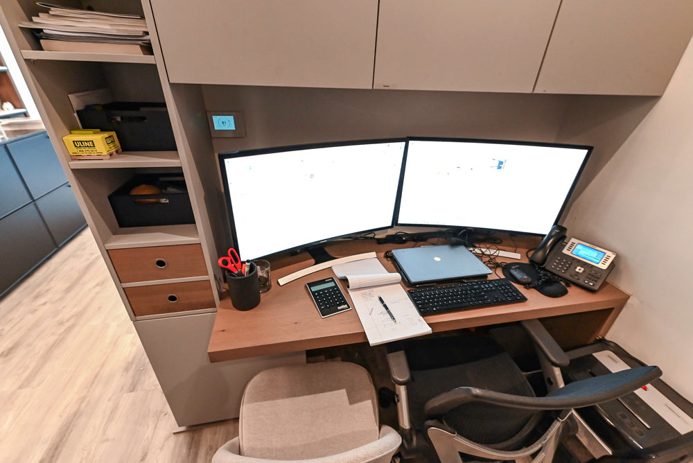 Modern Light Grey Complete Desk Area with Wood Countertops