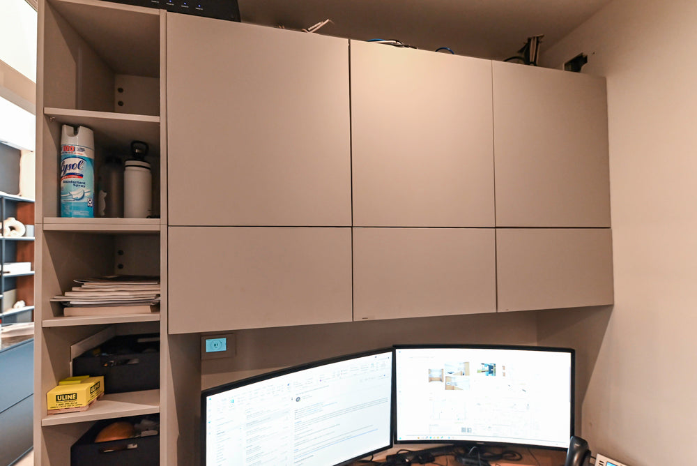 Modern Light Grey Complete Desk Area with Wood Countertops