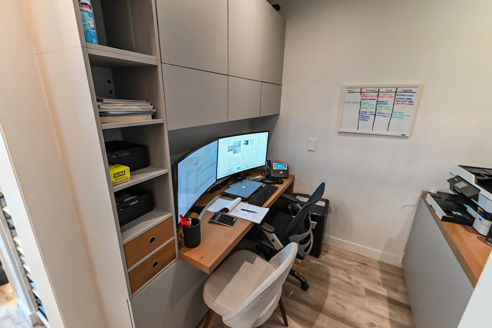 Modern Light Grey Complete Desk Area with Wood Countertops