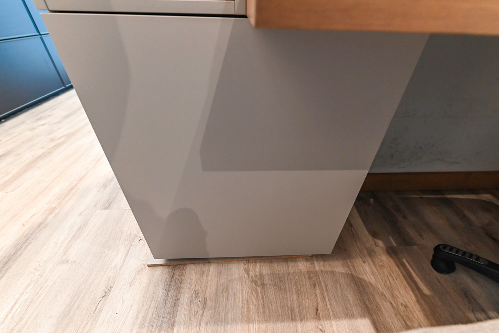 Modern Light Grey Complete Desk Area with Wood Countertops
