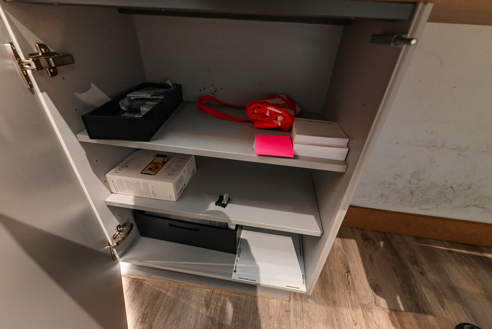 Modern Light Grey Complete Desk Area with Wood Countertops