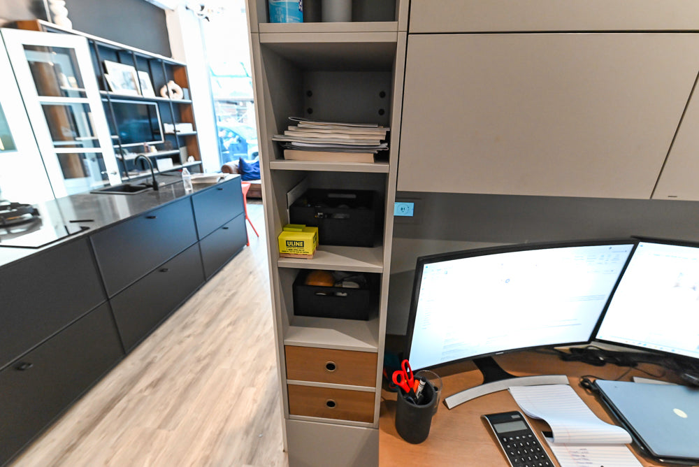 Modern Light Grey Complete Desk Area with Wood Countertops