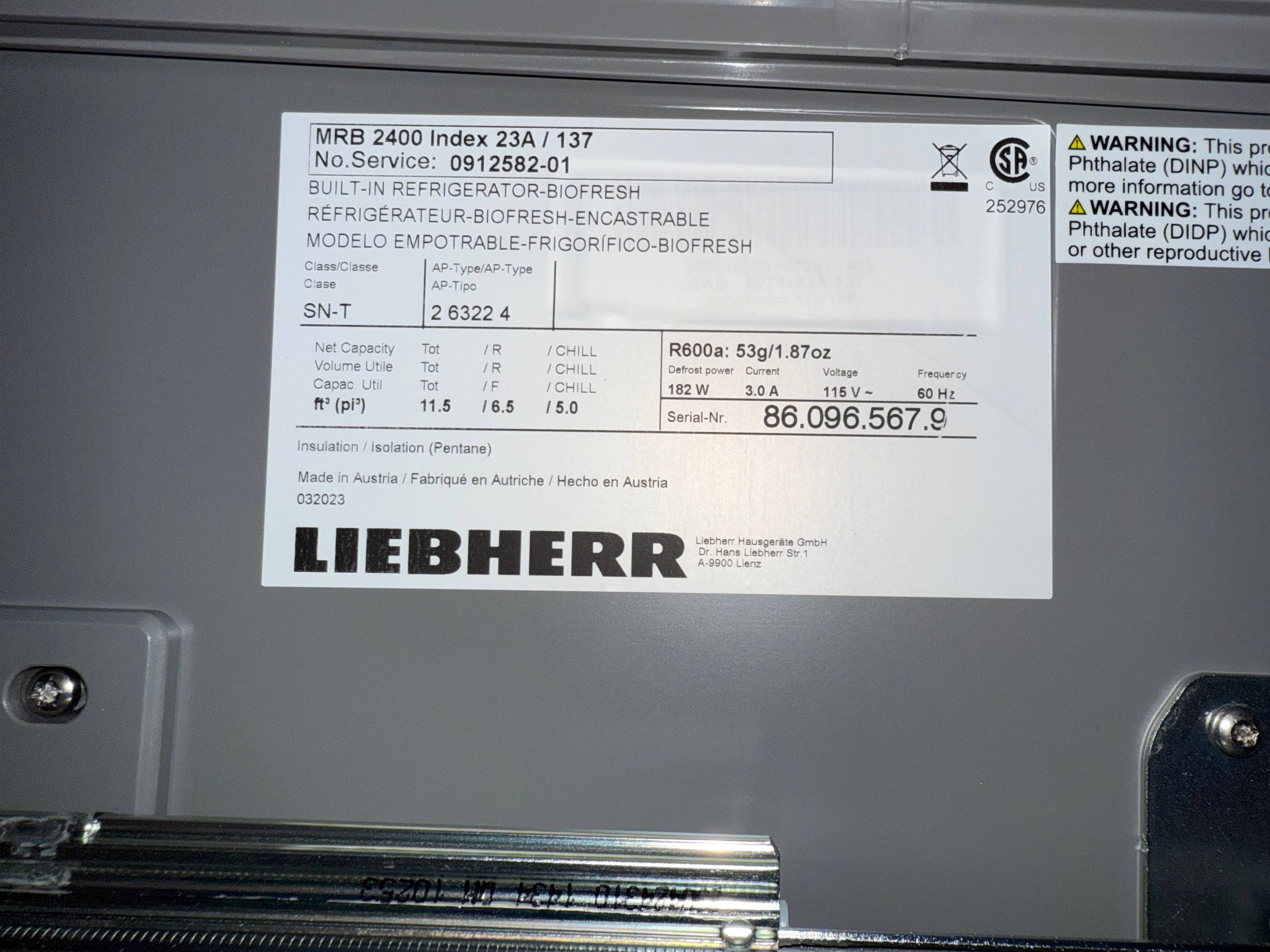 Liebherr MRB2400 24" Panel Ready Smart Built-In All Refrigerator Column