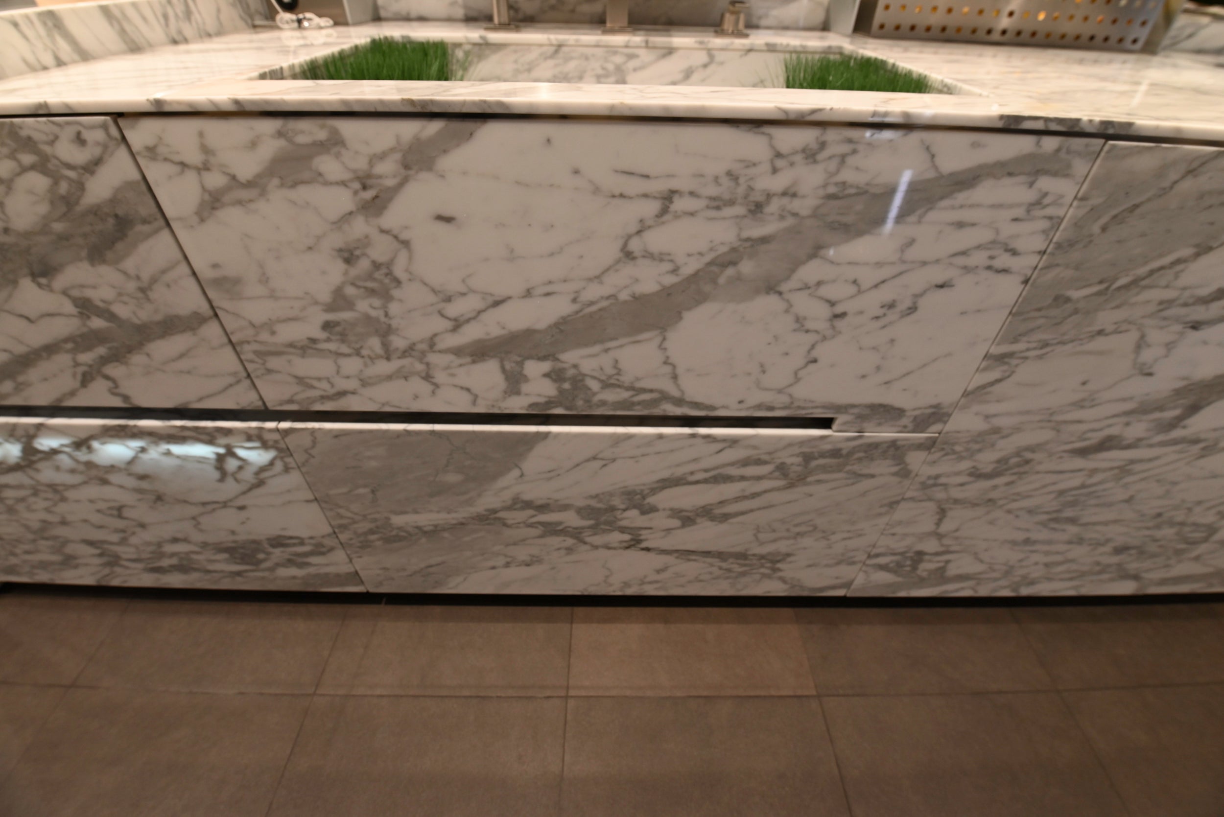 eggersmann USA Chablis Vintage Oak & Steel Grey Modern Kitchen with Arabescato Waterfall Island and Miele Appliance Suite