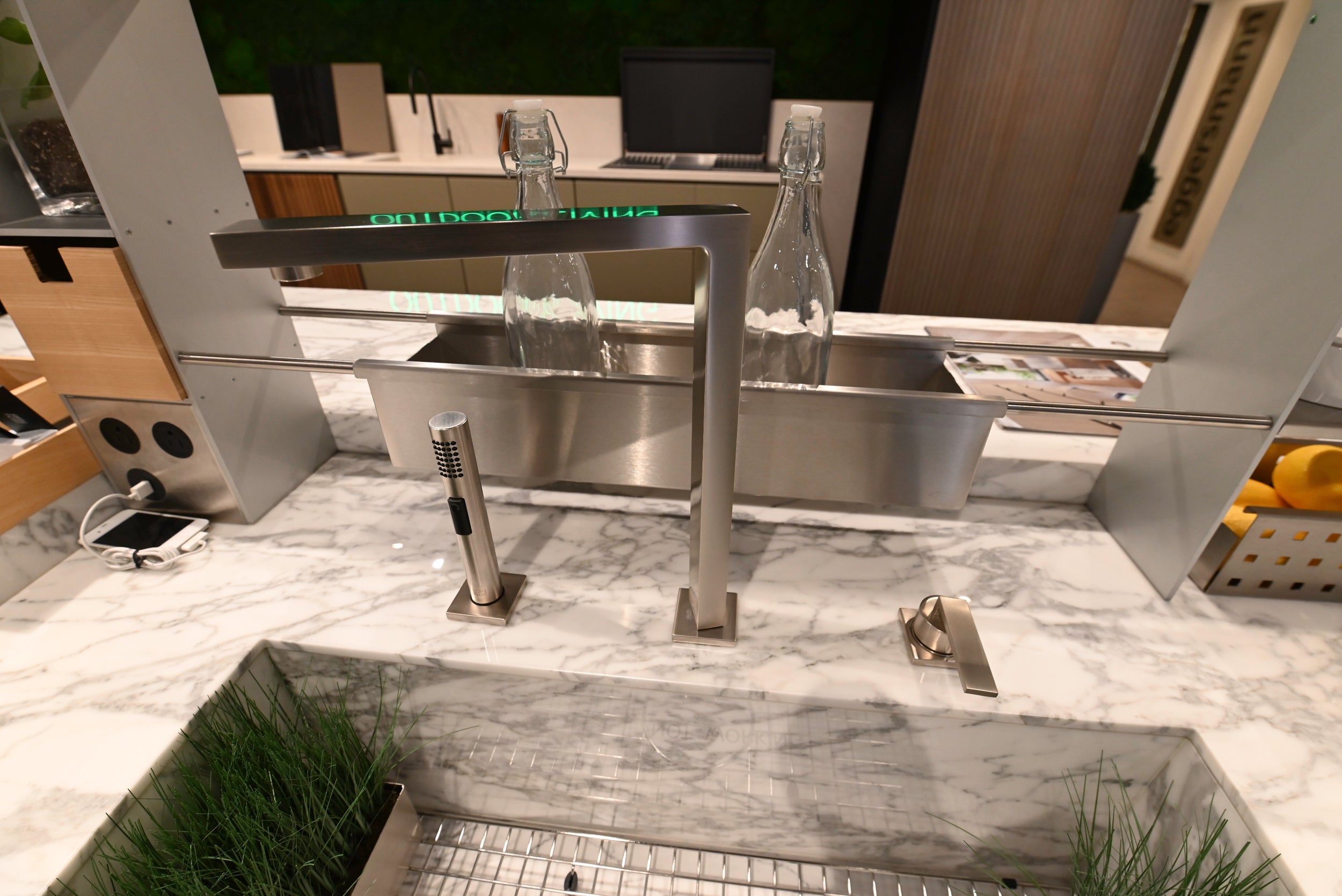 eggersmann USA Chablis Vintage Oak & Steel Grey Modern Kitchen with Arabescato Waterfall Island and Miele Appliance Suite