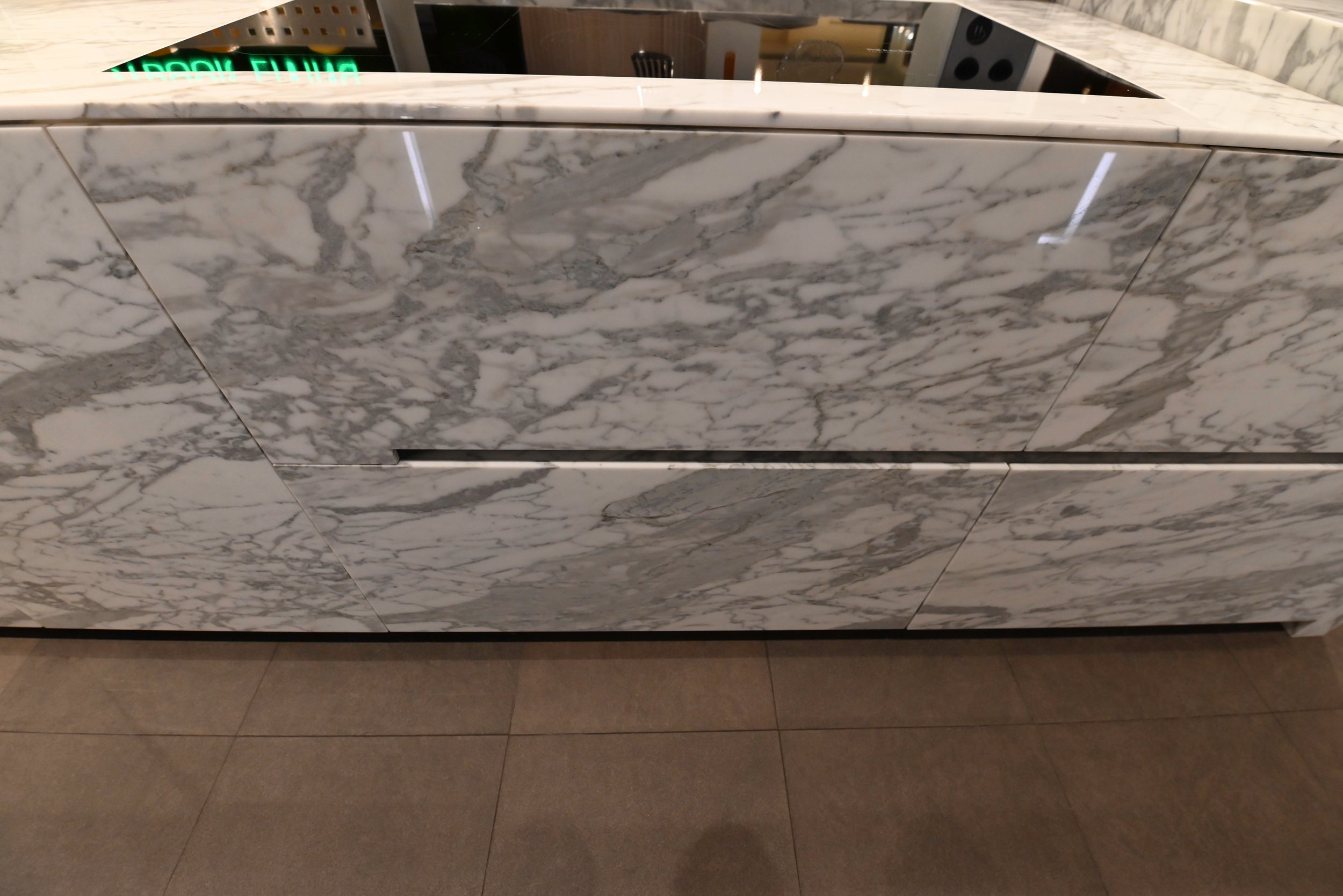 eggersmann USA Chablis Vintage Oak & Steel Grey Modern Kitchen with Arabescato Waterfall Island and Miele Appliance Suite