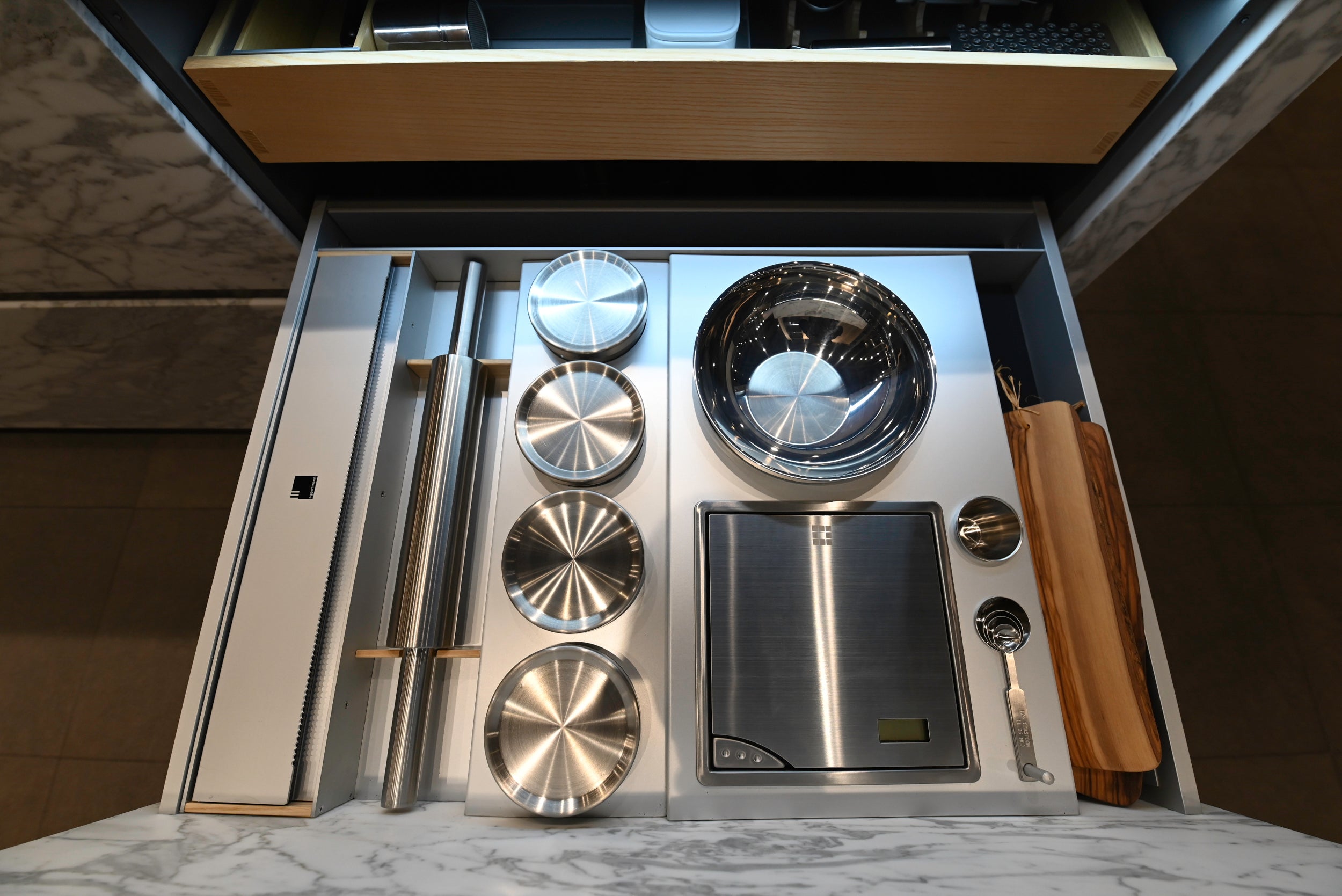 eggersmann USA Chablis Vintage Oak & Steel Grey Modern Kitchen with Arabescato Waterfall Island and Miele Appliance Suite