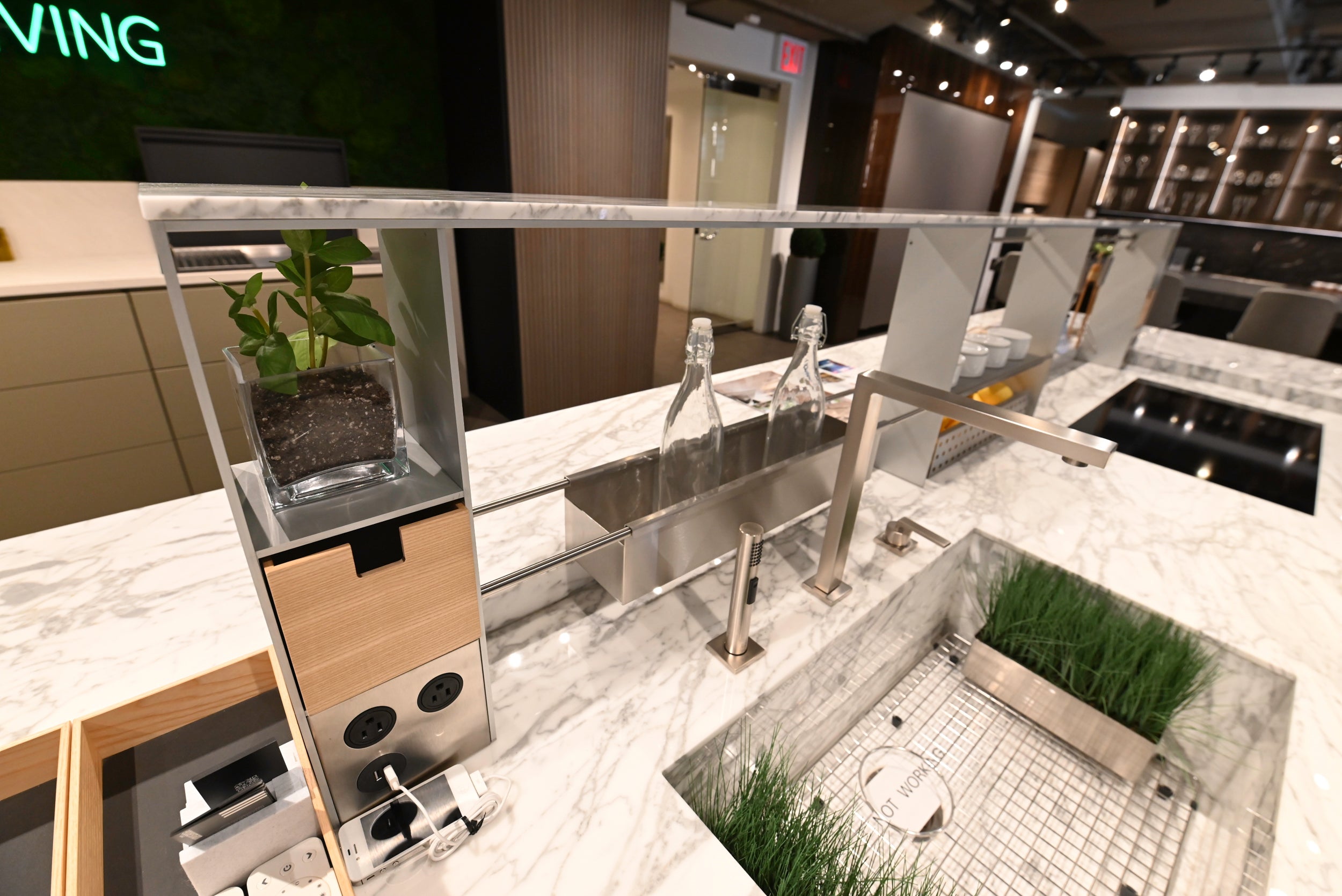 eggersmann USA Chablis Vintage Oak & Steel Grey Modern Kitchen with Arabescato Waterfall Island and Miele Appliance Suite