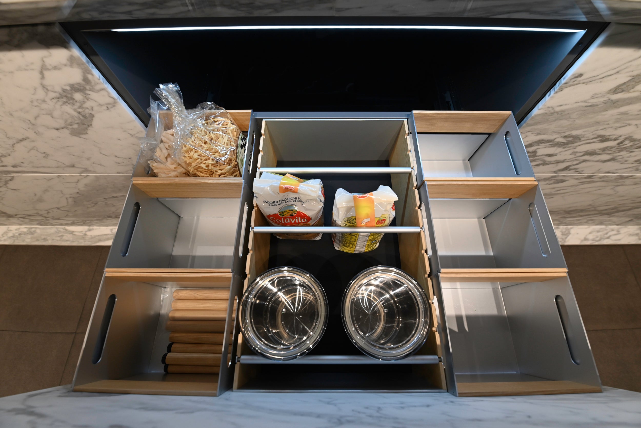 eggersmann USA Chablis Vintage Oak & Steel Grey Modern Kitchen with Arabescato Waterfall Island and Miele Appliance Suite