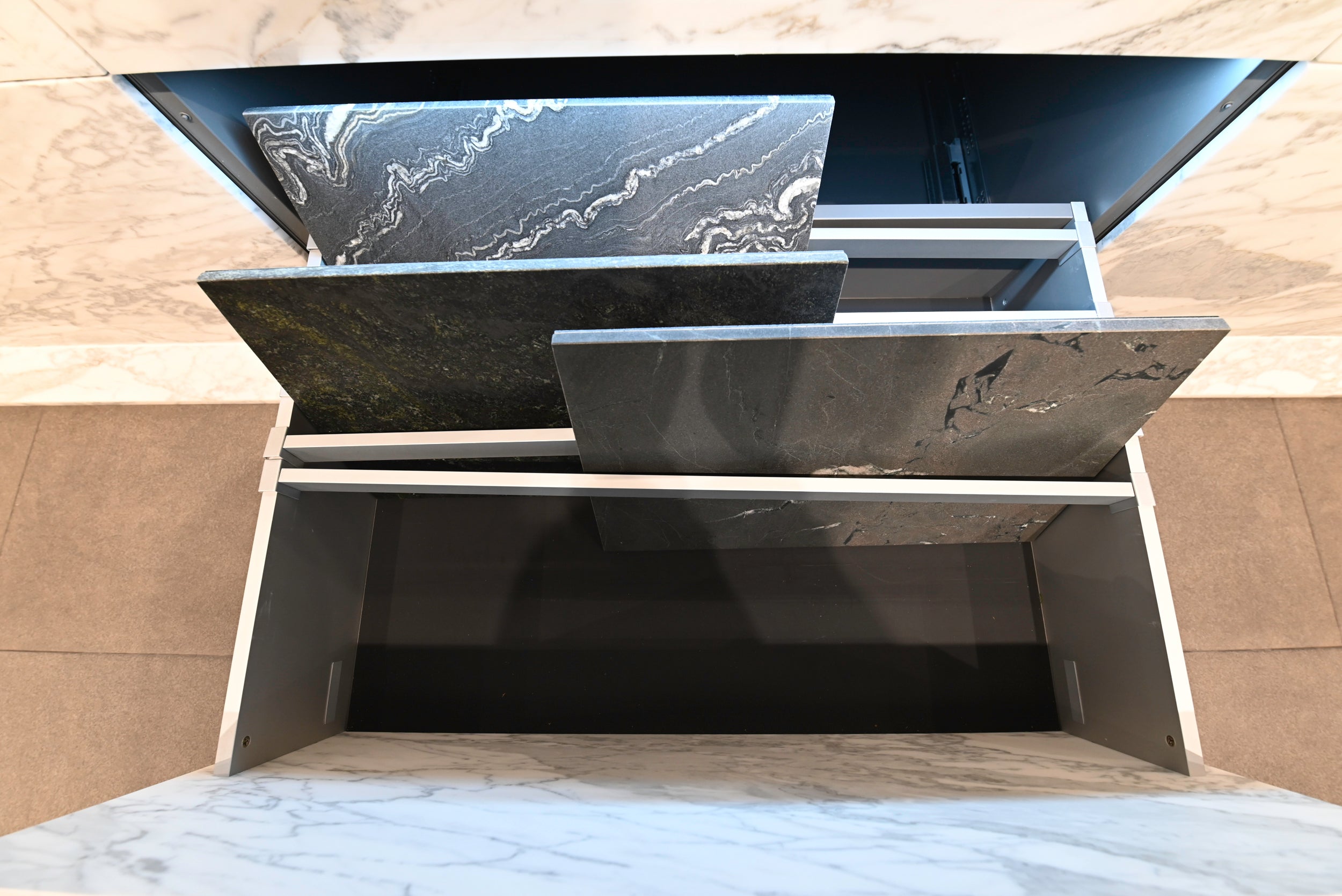 eggersmann USA Chablis Vintage Oak & Steel Grey Modern Kitchen with Arabescato Waterfall Island and Miele Appliance Suite