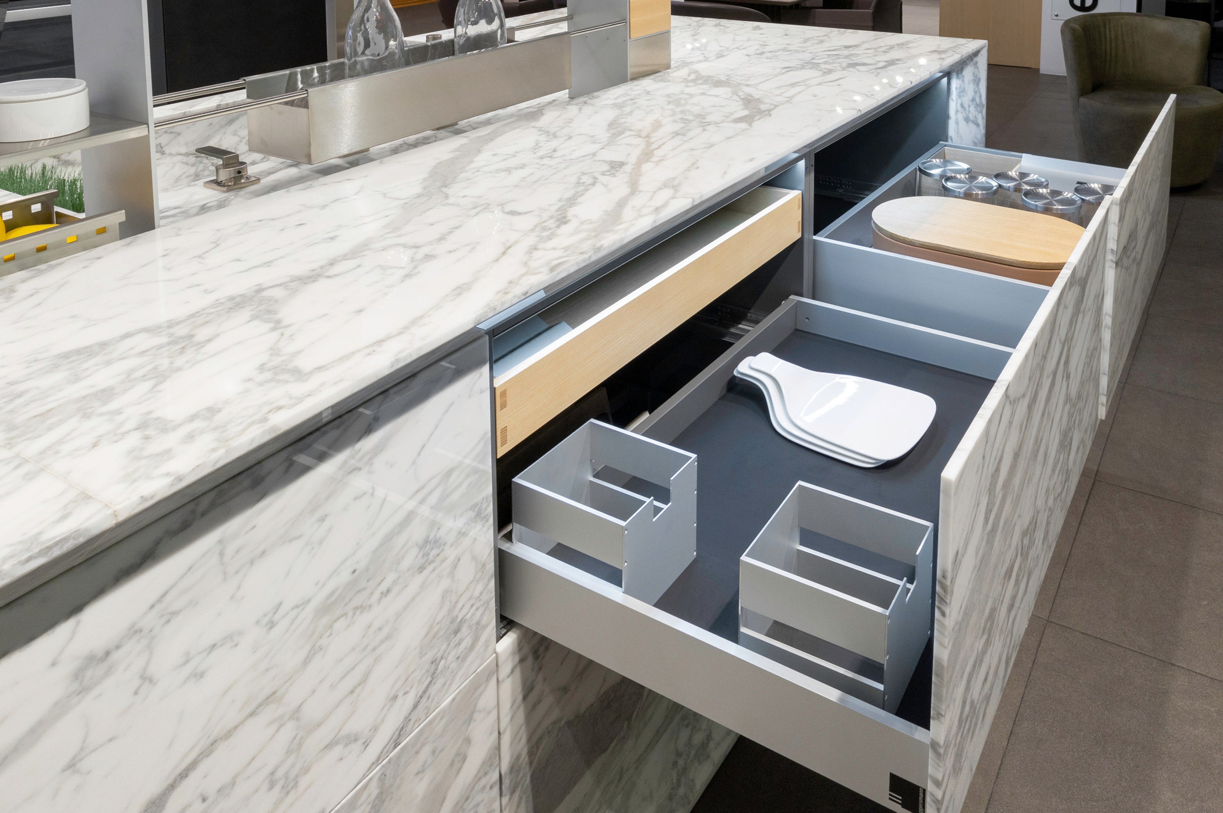 eggersmann USA Chablis Vintage Oak & Steel Grey Modern Kitchen with Arabescato Waterfall Island and Miele Appliance Suite