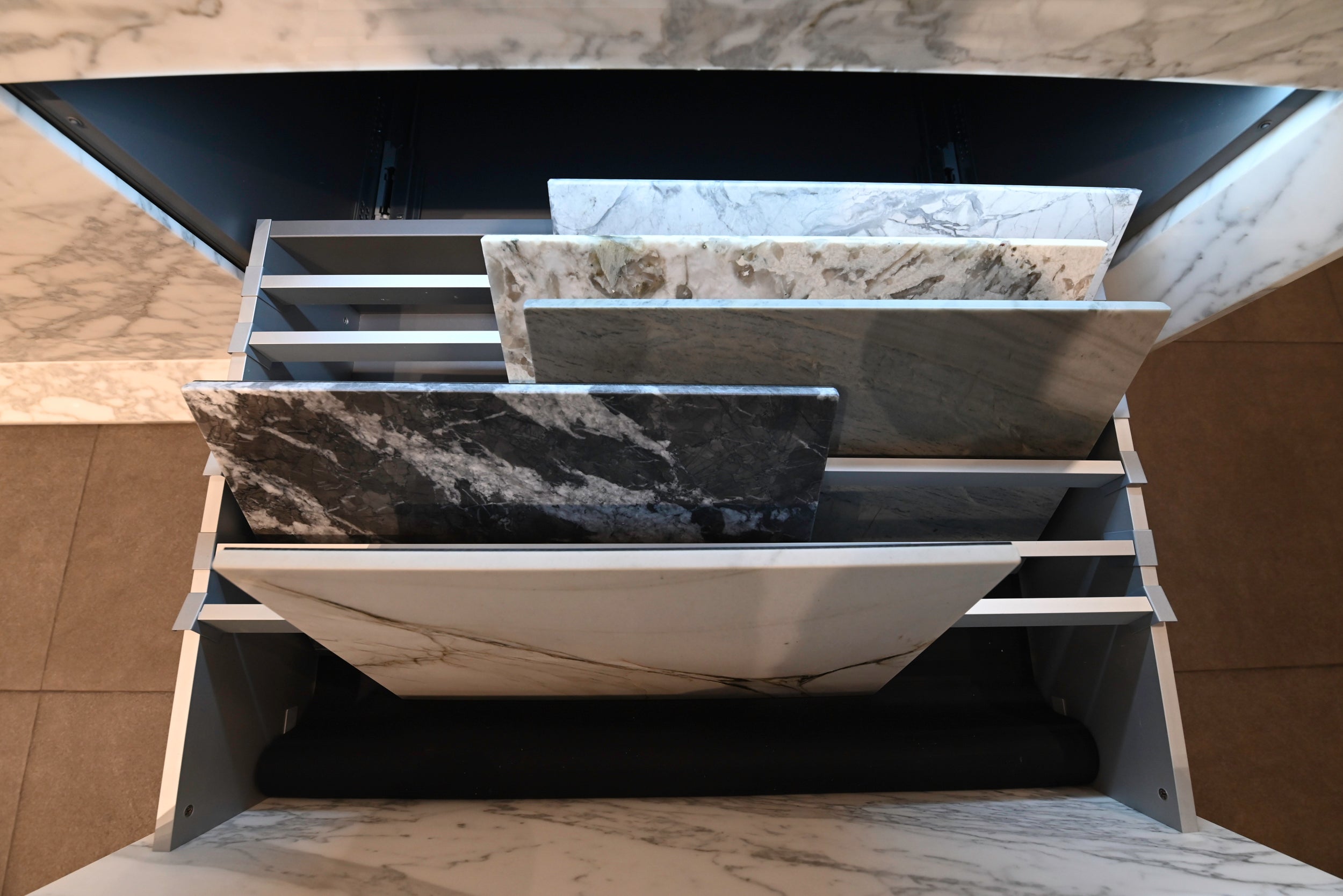 eggersmann USA Chablis Vintage Oak & Steel Grey Modern Kitchen with Arabescato Waterfall Island and Miele Appliance Suite