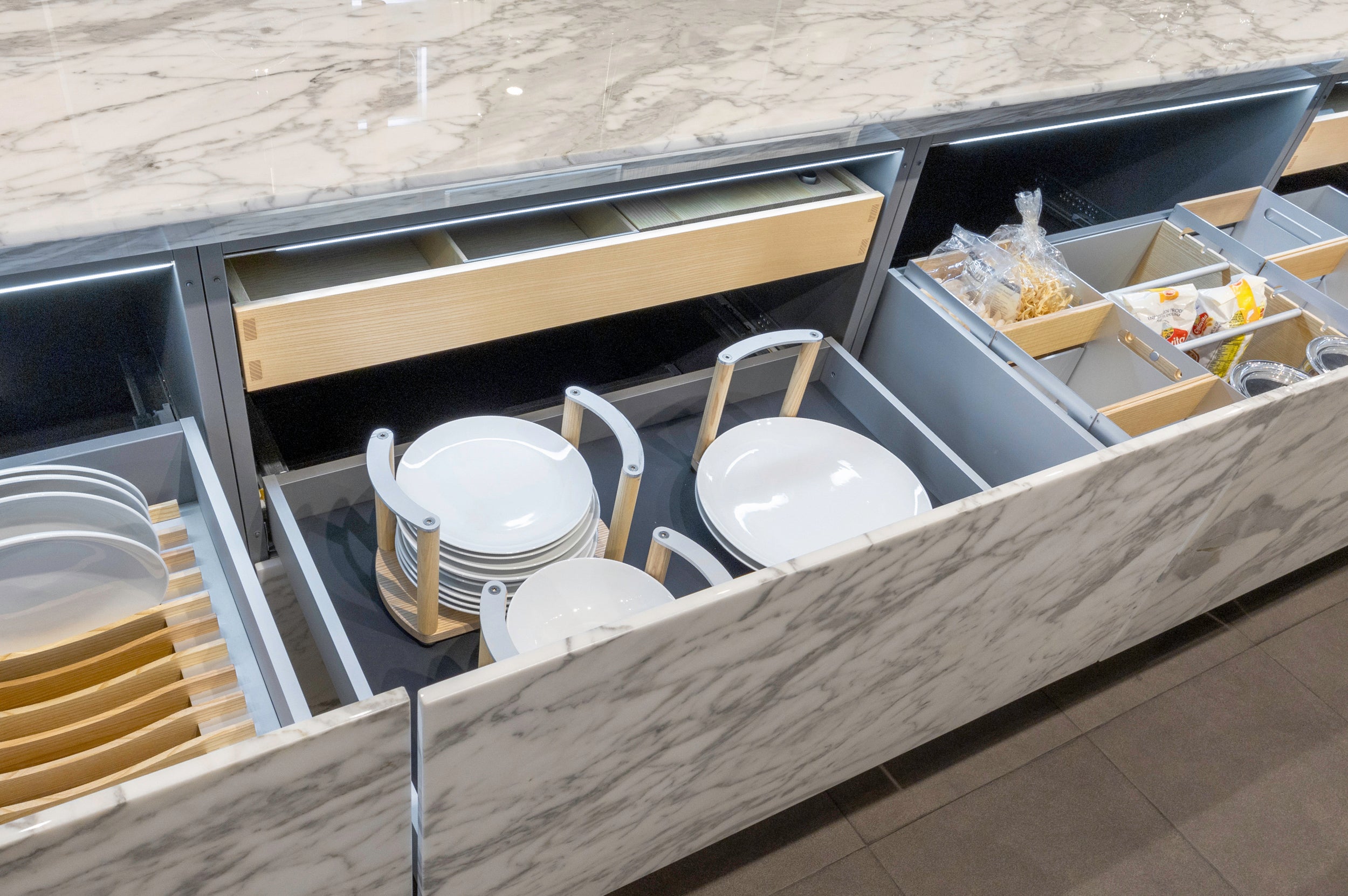 eggersmann USA Chablis Vintage Oak & Steel Grey Modern Kitchen with Arabescato Waterfall Island and Miele Appliance Suite