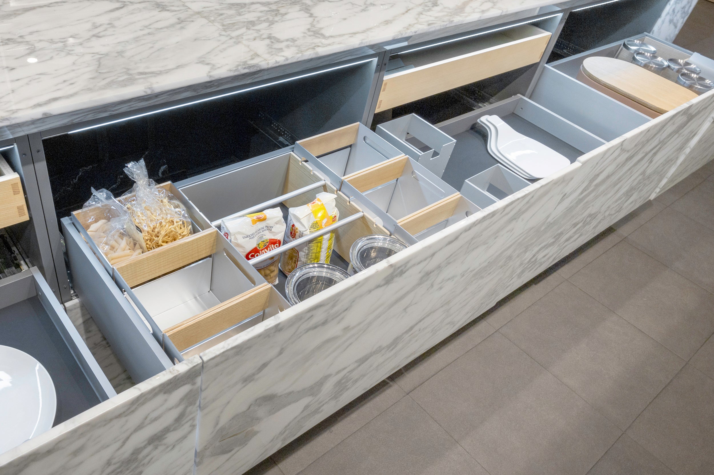 eggersmann USA Chablis Vintage Oak & Steel Grey Modern Kitchen with Arabescato Waterfall Island and Miele Appliance Suite